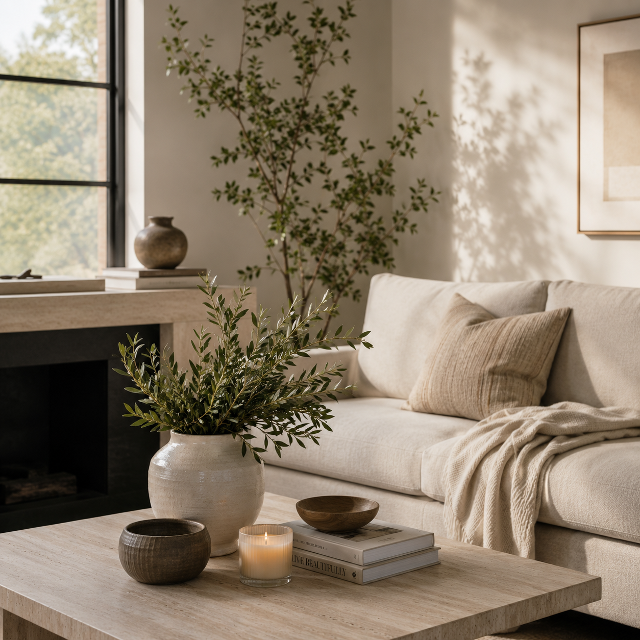 A cozy living room with a beige sofa, throw pillows, a blanket, and a coffee table holding decorative bowls, a lit candle, and books. There's a large potted plant, a fireplace, and a window with sunlight and greenery outside.