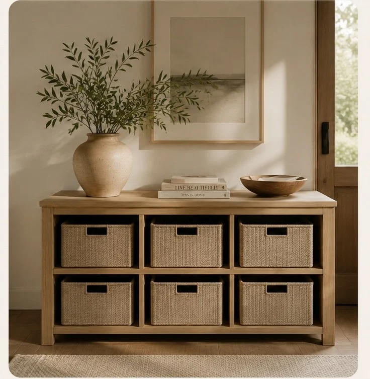 Wooden sideboard with six woven baskets, decorated with a large ceramic vase with greenery, a framed picture, books, and a wooden bowl, against a beige wall and near a window.