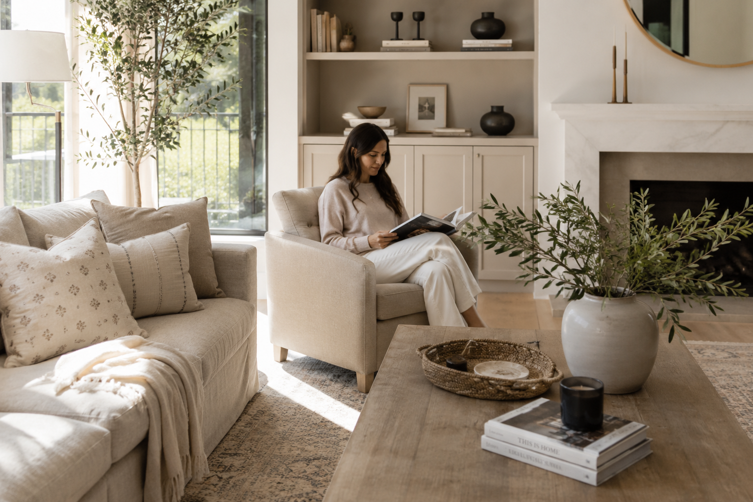 A woman sitting in a beige armchair reading a magazine in a cozy living room with a large window, a beige sofa with patterned pillows, a wooden coffee table with a large vase and greenery, and a fireplace with decorative items on the mantel.
