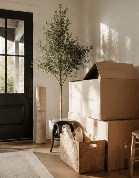 Room with a large potted plant, four cardboard boxes stacked, a woven basket with items, a small stool, and a door with glass panes.