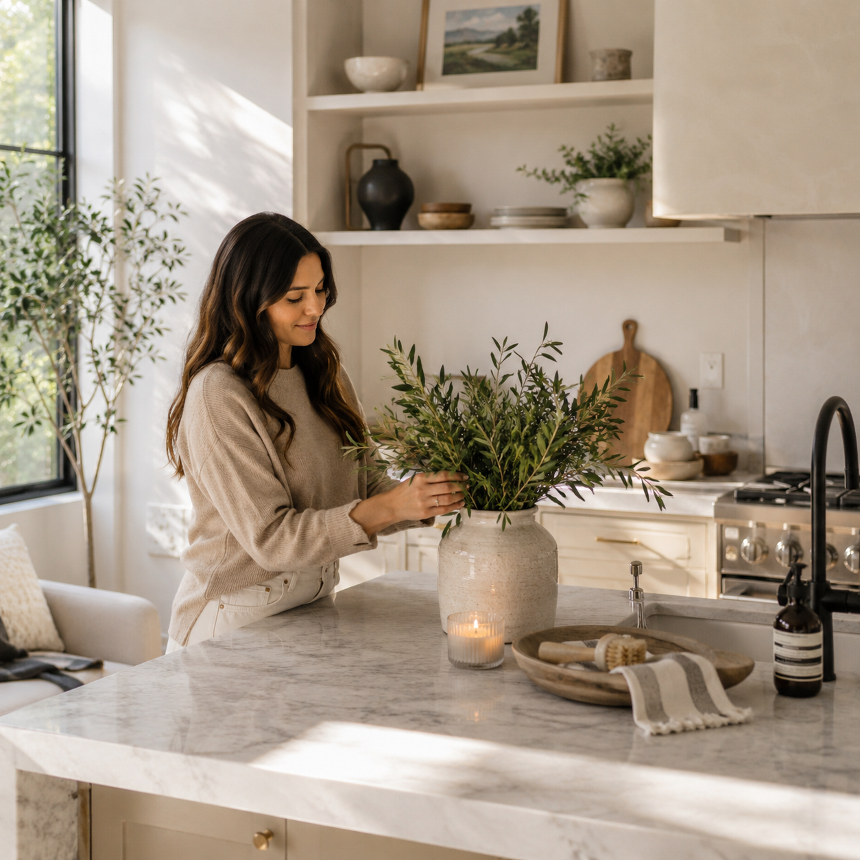 A woman arranging a green plant in a white vase on a kitchen island. The kitchen has open shelves with decorative items and a window letting in natural light.