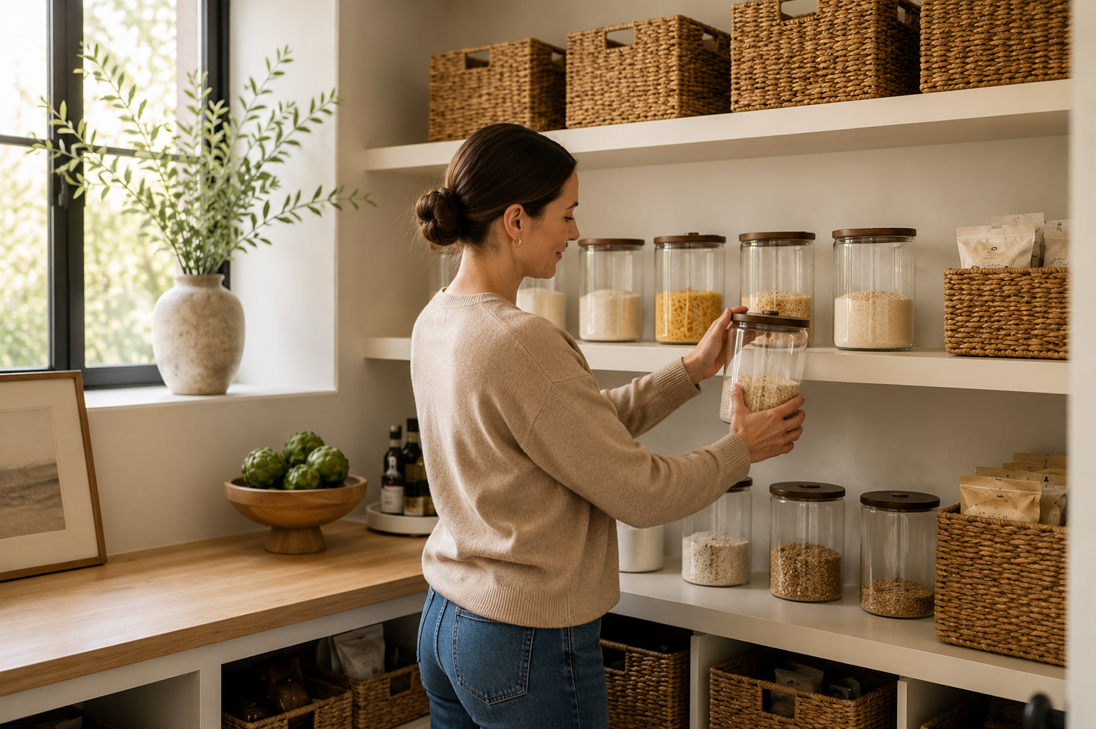 A woman organizing glass jars filled with dry food items on a white shelf in a pantry. The pantry has natural lighting from a window, a potted plant on the counter, and woven baskets for storage.