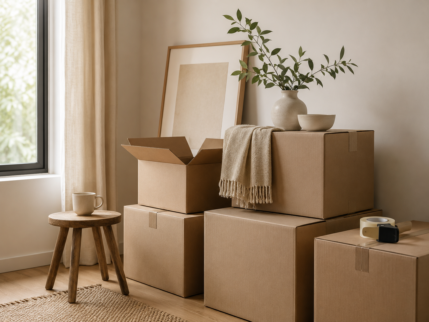 A cardboard box on top of multiple packed moving boxes, with a ceramic vase with green leaves, a bowl, a cup, and packing tape nearby in a room with a window and beige curtains.