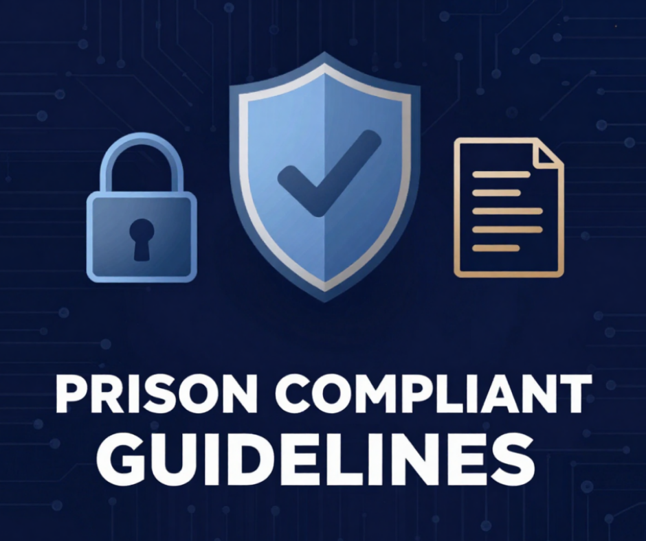 Graphic with shield, lock, and document icons, and the text "Prison Compliant Guidelines"