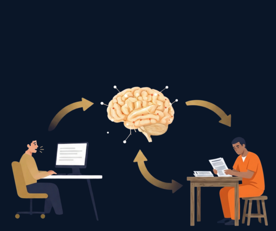 Illustration of brain research process with two people, one on a computer and the other reading documents, connected through a central brain diagram with arrows indicating a cycle.