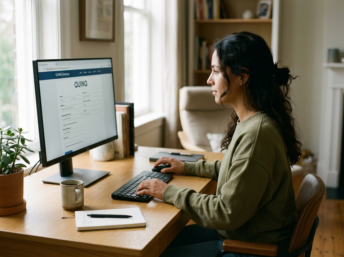 Woman using a computer at a desk with a plant, mug, notebook, and pen, in a bright home office.