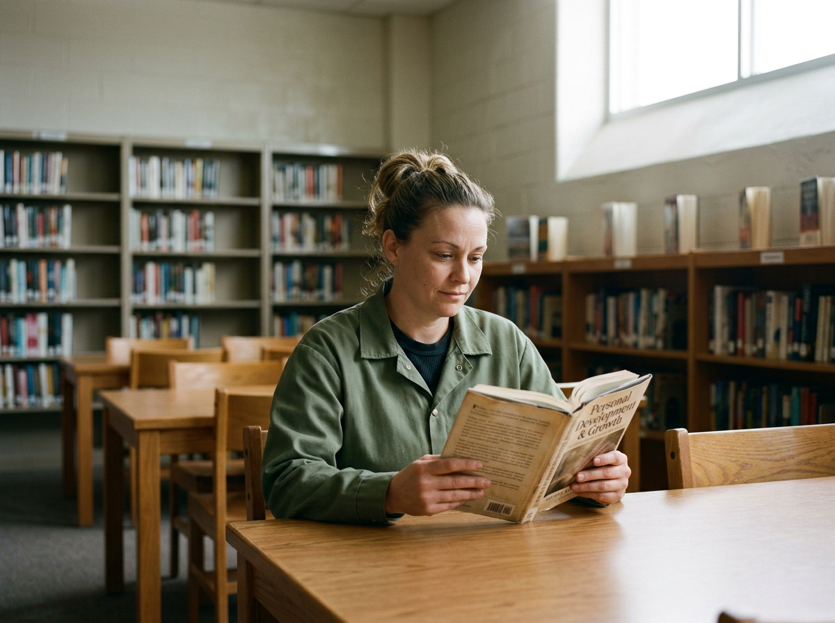 A woman sitting alone at a wooden table in a library, reading a book titled "Personal Development & Growth." Bookshelves surrounds her and sunlight from a nearby window illuminates the scene.