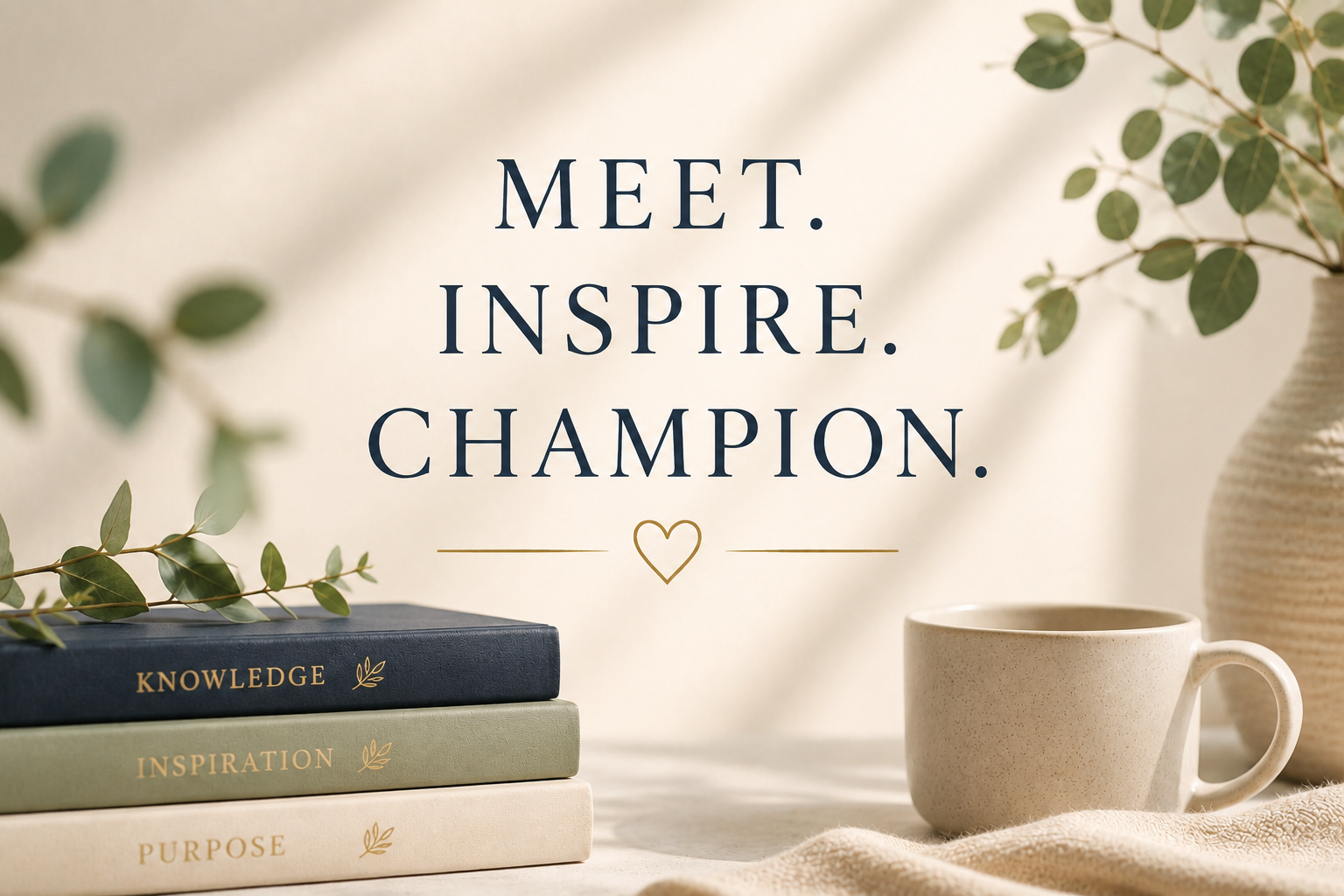 Decorative image with the words 'Meet. Inspire. Champion.' in large text, surrounded by books labeled 'Knowledge,' 'Inspiration,' and 'Purpose,' a ceramic mug, and greenery in a vase on a light surface.
