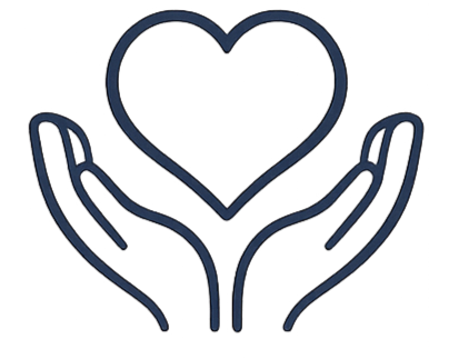 Outline drawing of two hands holding a heart.