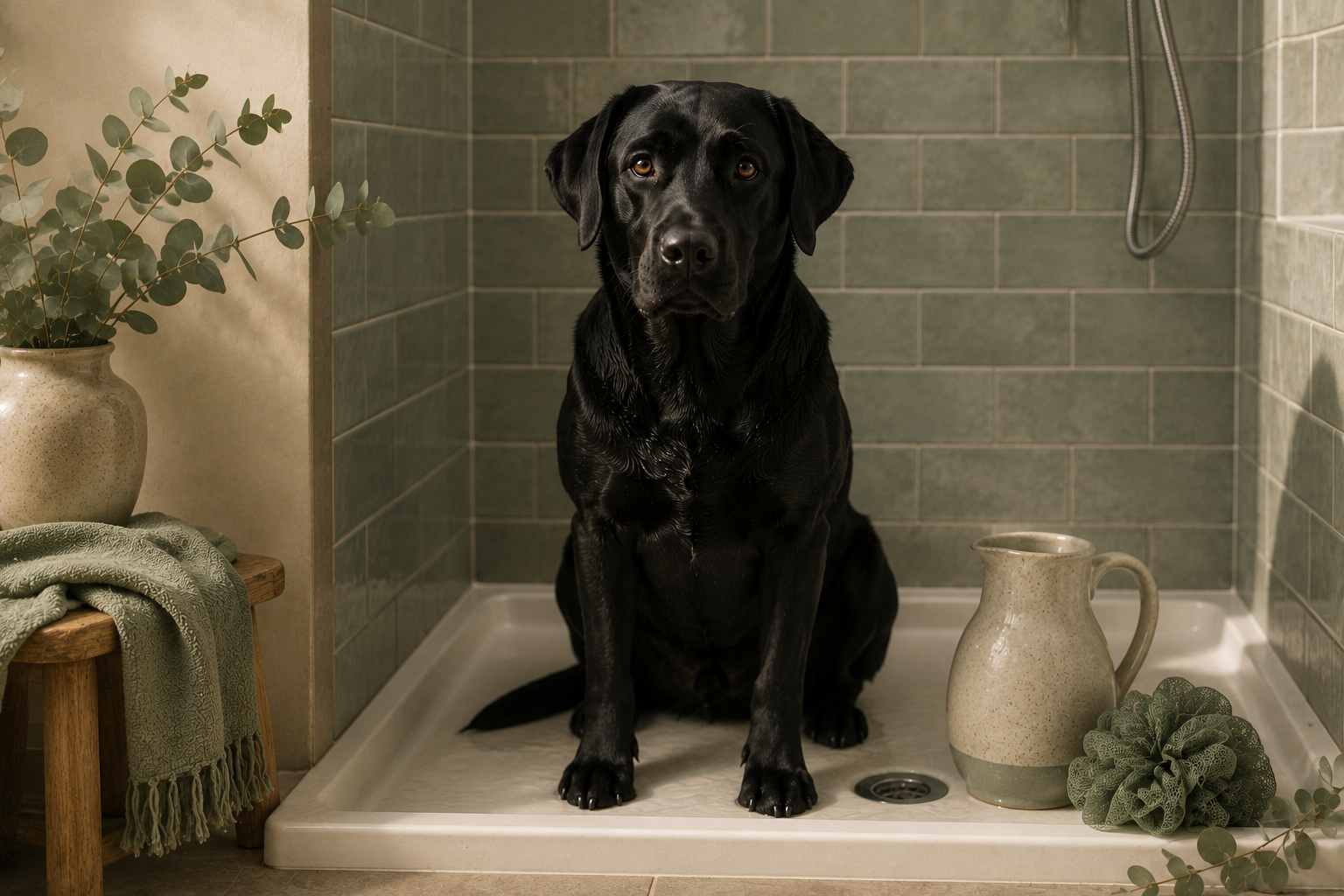 Black Labrador sitting in a shower stall, surrounded by decorative elements including a potted plant, a vase, and a fabric with a leafy pattern.