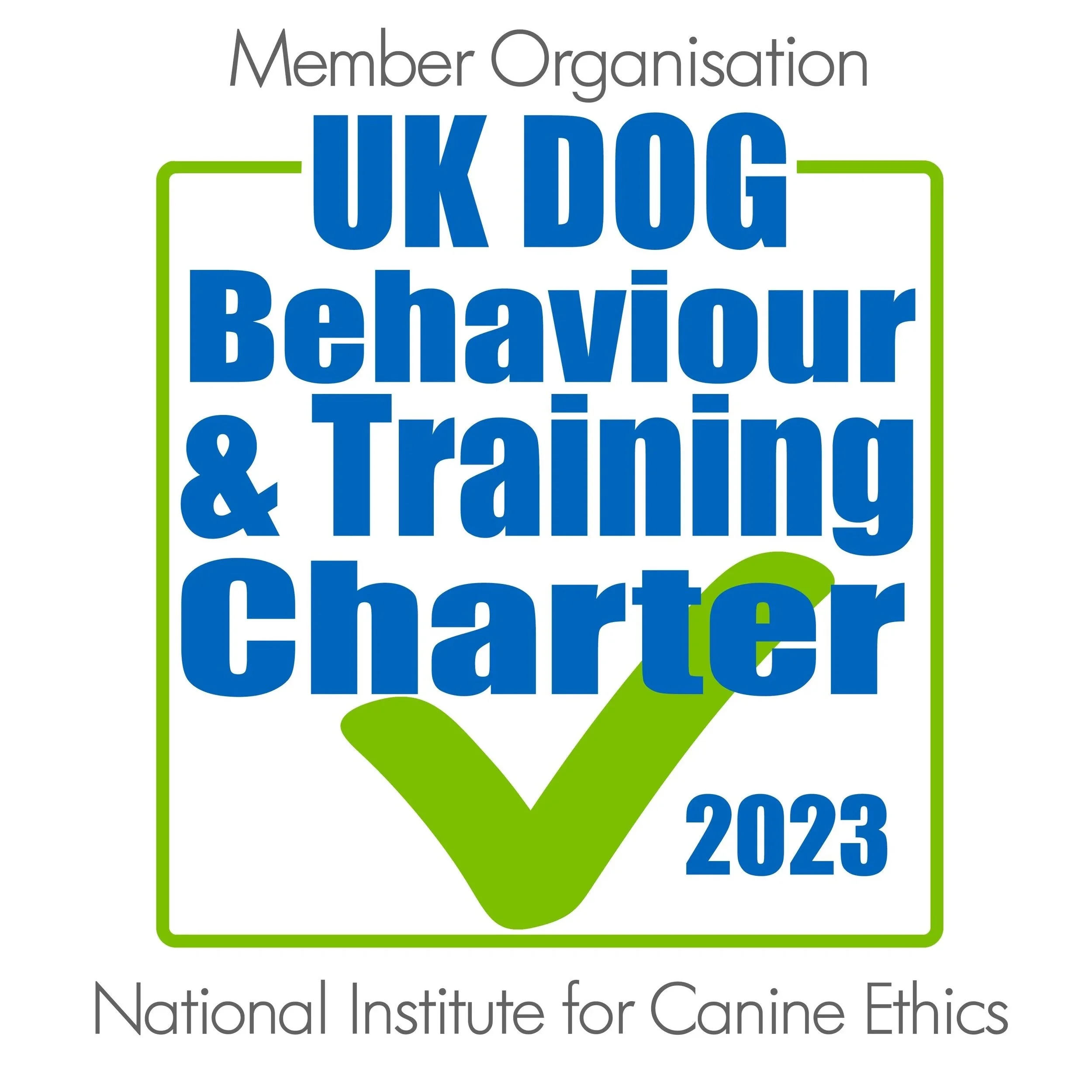 Design of a badge or certificate for the Member Organisation UK Dog Behaviour & Training 2023, with the logo of the National Institute for Canine Ethics.