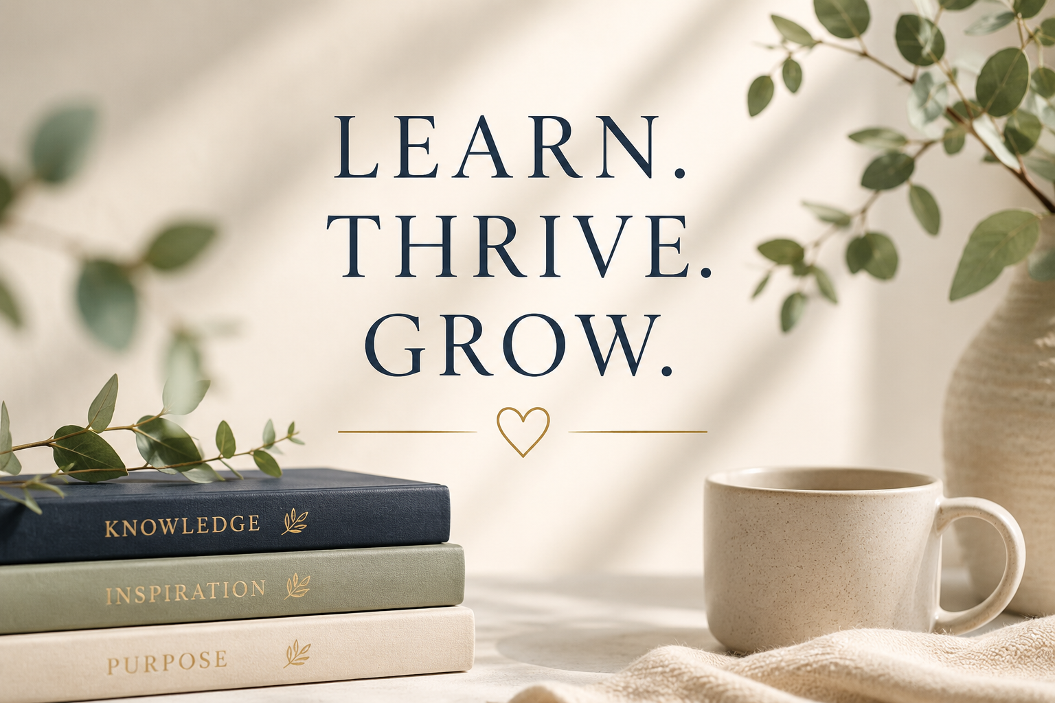 Decorative image with a motivational quote reading 'Learn. Thrive. Grow.' surrounded by a beige background, green foliage, a stack of three books labeled 'Knowledge,' 'Inspiration,' and 'Purpose,' a beige mug, and a cream-colored vase.