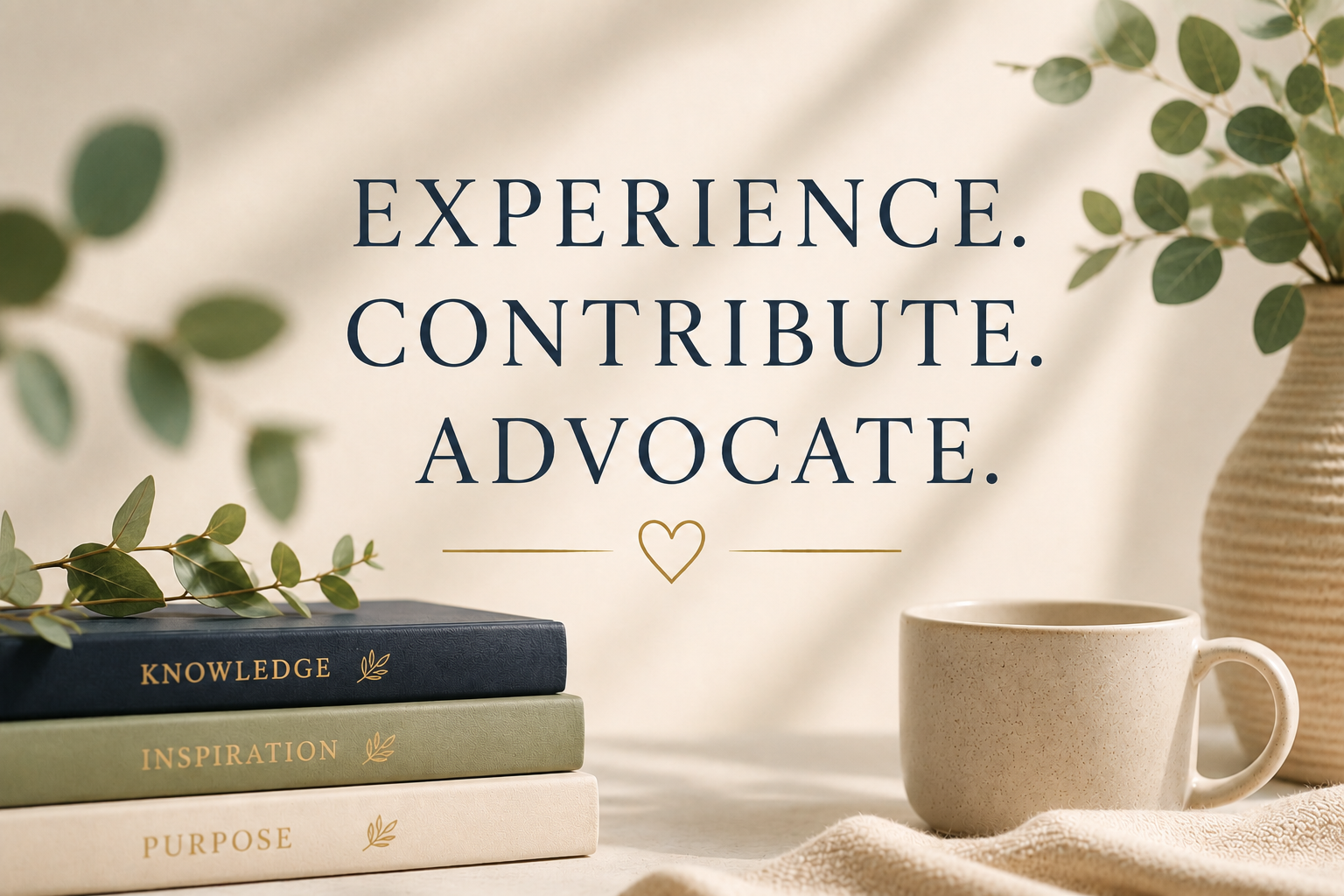 Decorative image with a quote, surrounded by books, a mug, and plants. The quote reads, 'Experience. Contribute. Advocate.'