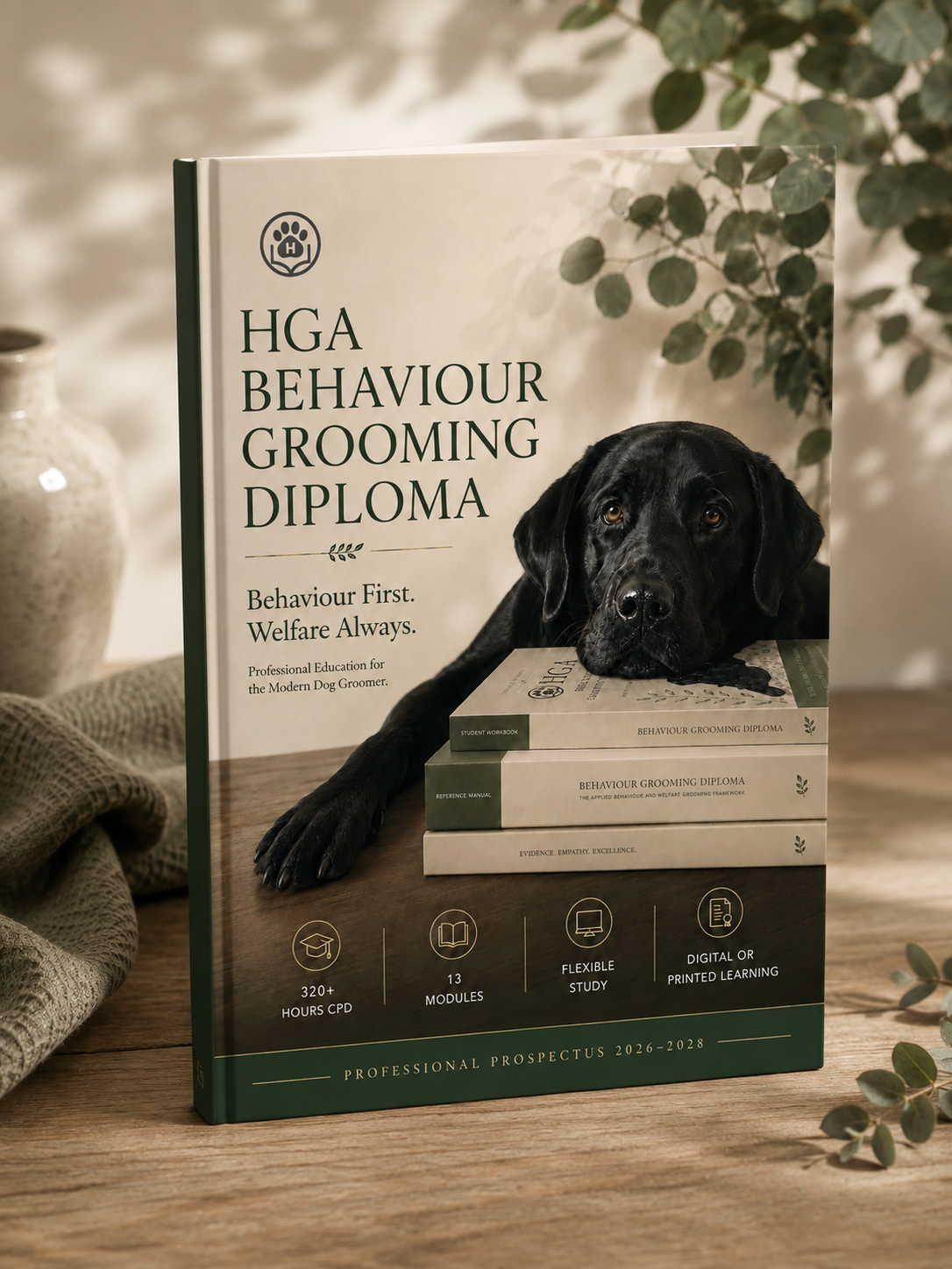The Behaviour Grooming Diploma prospectus book with a black dog resting its head and paw on top of the stacked books. The background includes a potted plant, and the surface is wooden.