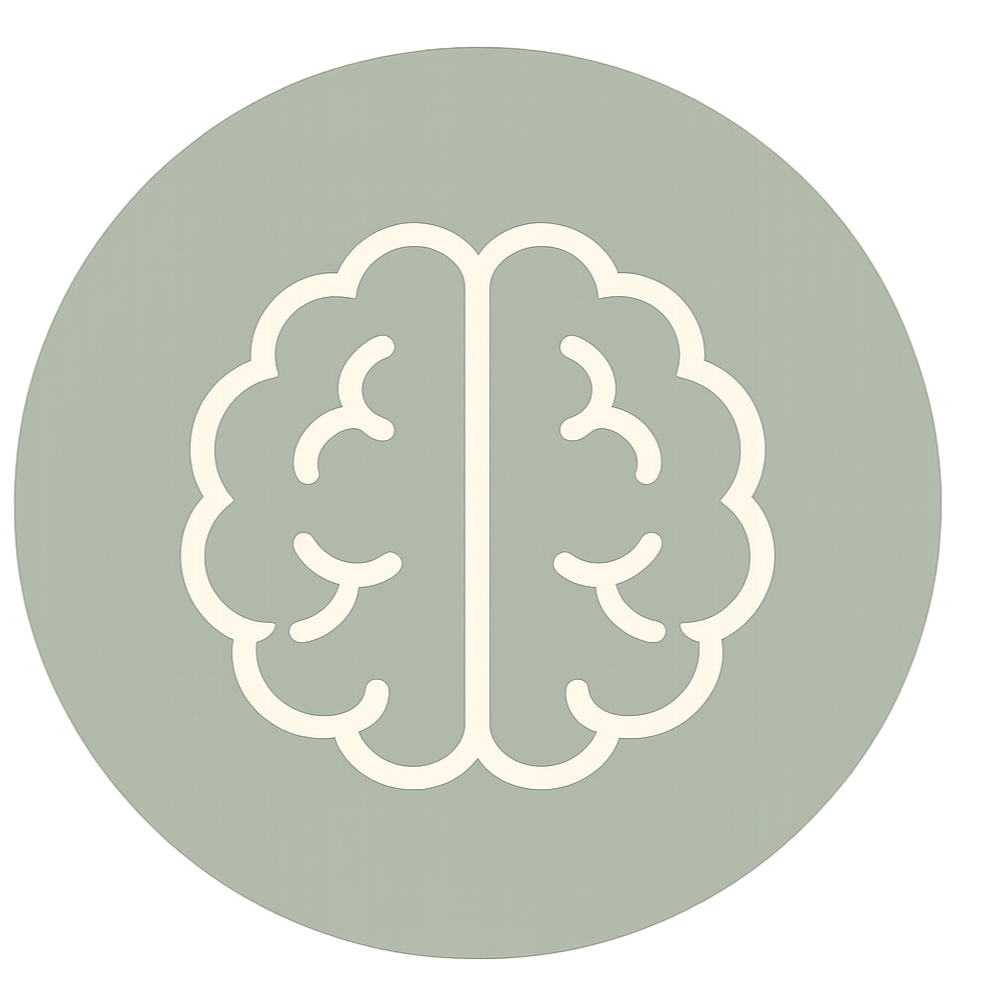 Minimalist icon of a brain outlined in white on a gray circular background.