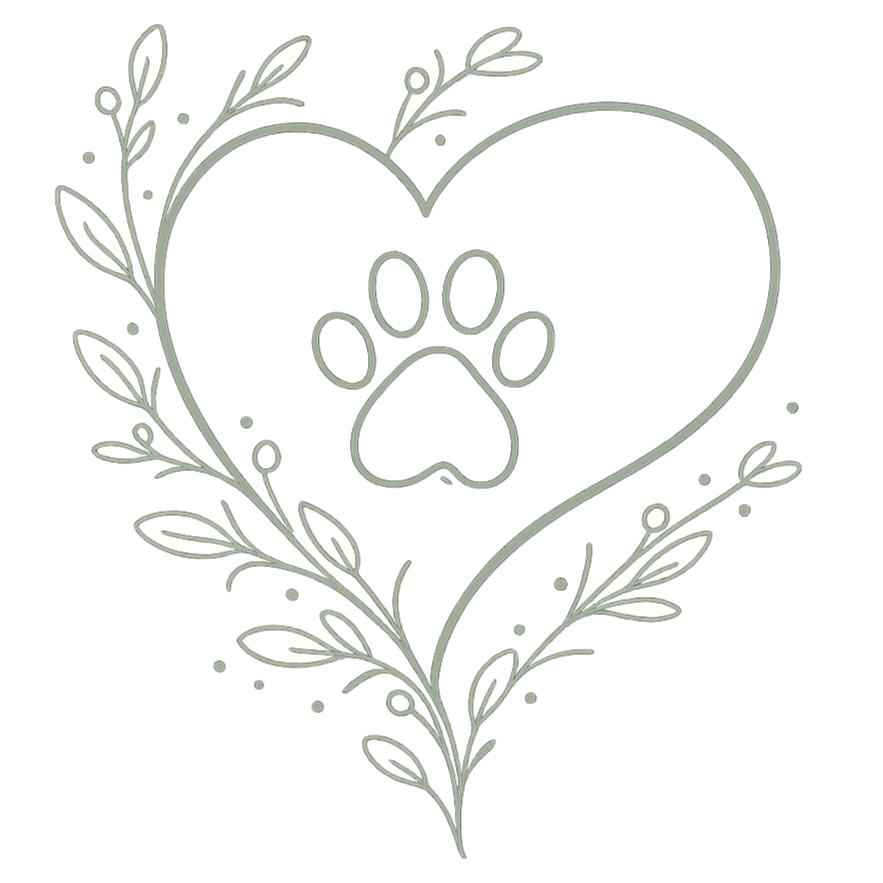 A heart-shaped design with a paw print inside, surrounded by decorative leafy branches and small dots.