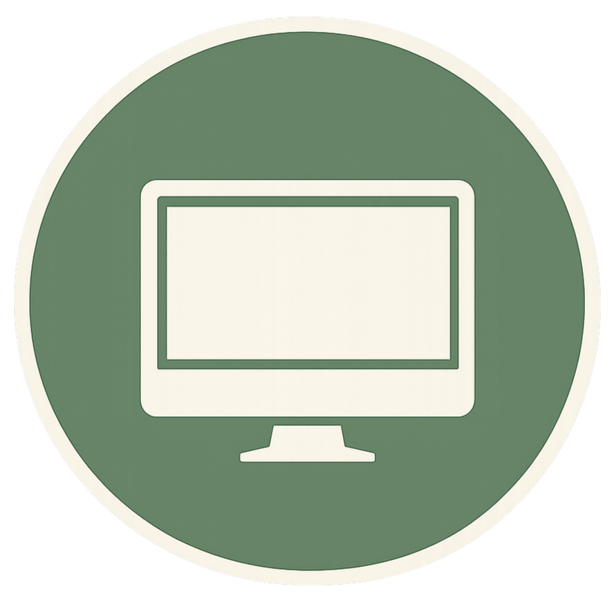 Sign with a computer icon on a green circular background