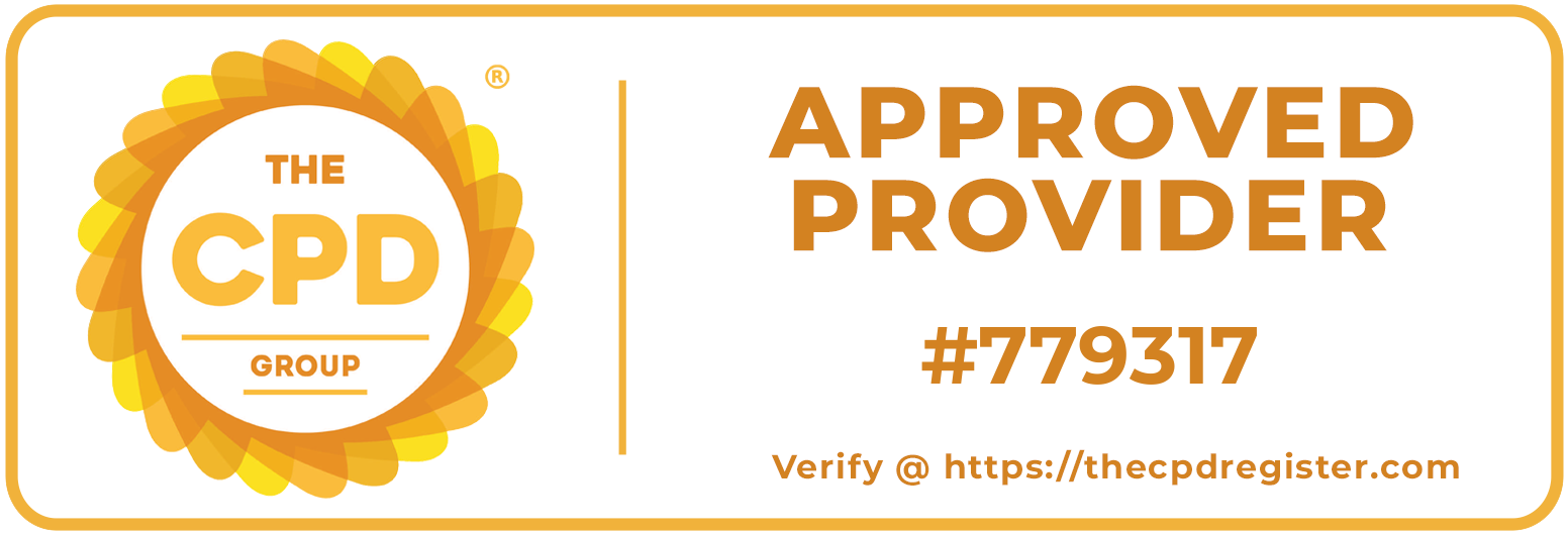 A certification badge with a decorative orange and yellow sunflower border, displaying the text "The CPD Group" and "Approved Provider" with a registration number #779317, and a verification URL at the bottom.