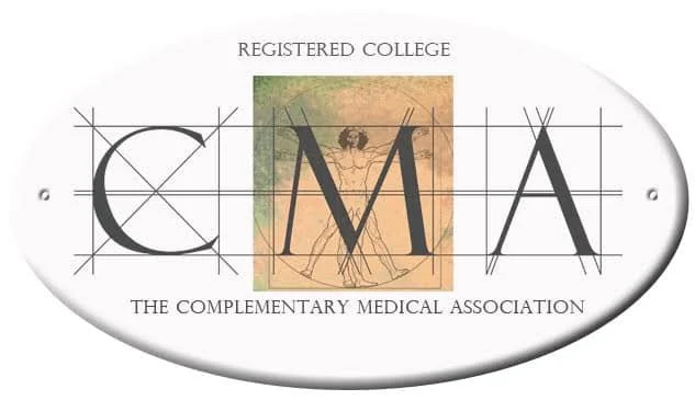 Oval-shaped sign with the text 'REGISTERED COLLEGE' at the top and 'THE COMPLEMENTARY MEDICAL ASSOCIATION' at the bottom. It features a graphic of two people holding hands under a tree with a sunset or sunrise in the background, and large letters 'C M A' in the center.