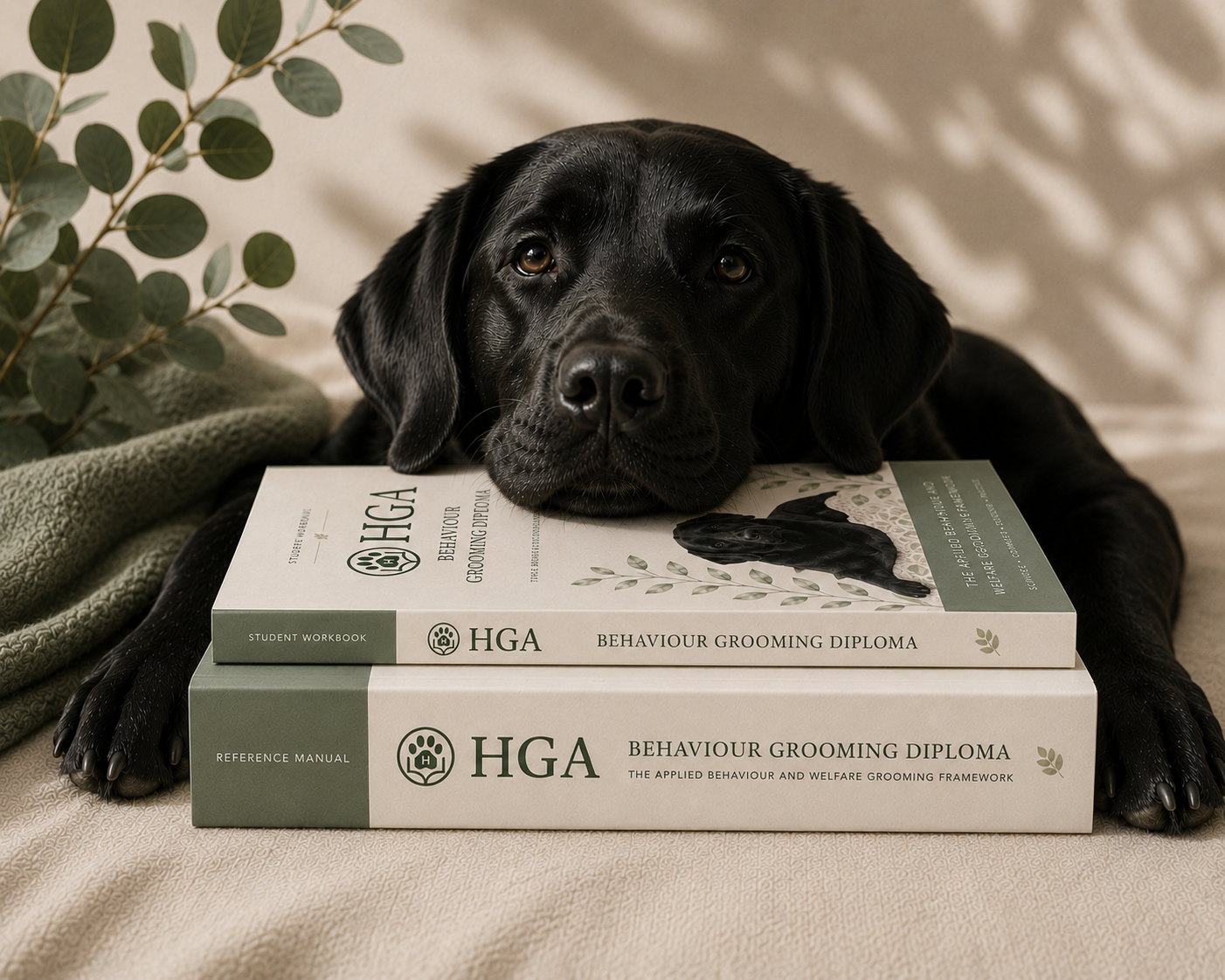 A black Labrador retriever puppy lying on a beige surface, resting its head on a stack of two books titled 'HGA Behaviour Grooming Diploma' and 'Student Workbook'. The puppy is looking directly at the camera with a calm expression, and there is a green leafy plant and a green knitted fabric in the background.