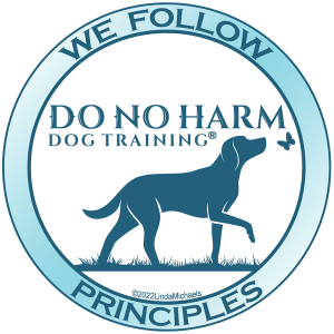 Logo for 'Do No Harm Dog Training' featuring a black silhouette of a dog walking on grass inside a circular badge. The badge has a light blue border with the text 'We Follow Principles' at the top and 'Do No Harm Dog Training' in the center.