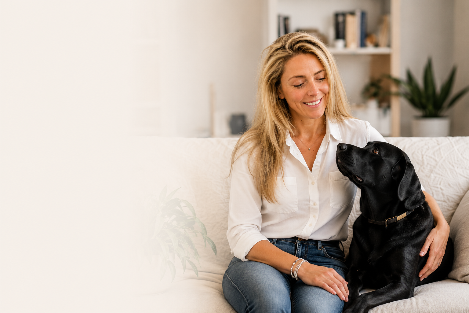 Stephanie Zikmann sitting on a beige couch with a black dog, both smiling at each other in a cozy living room.