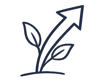 Simple black outline of a plant with two leaves and an upward arrow.