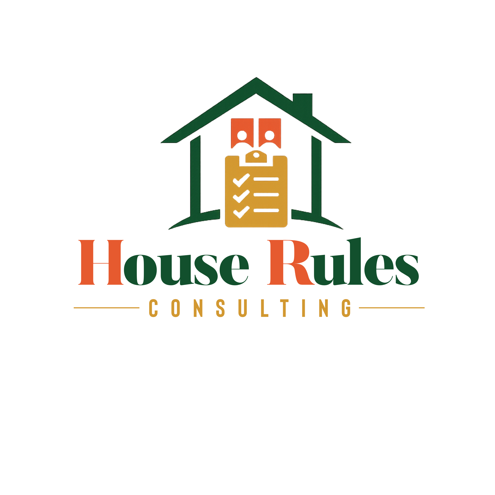 A house-shaped logo with a green roof and orange and yellow interior elements, and the text 'H' and 'R' in orange and 'House Rules' in green underneath.