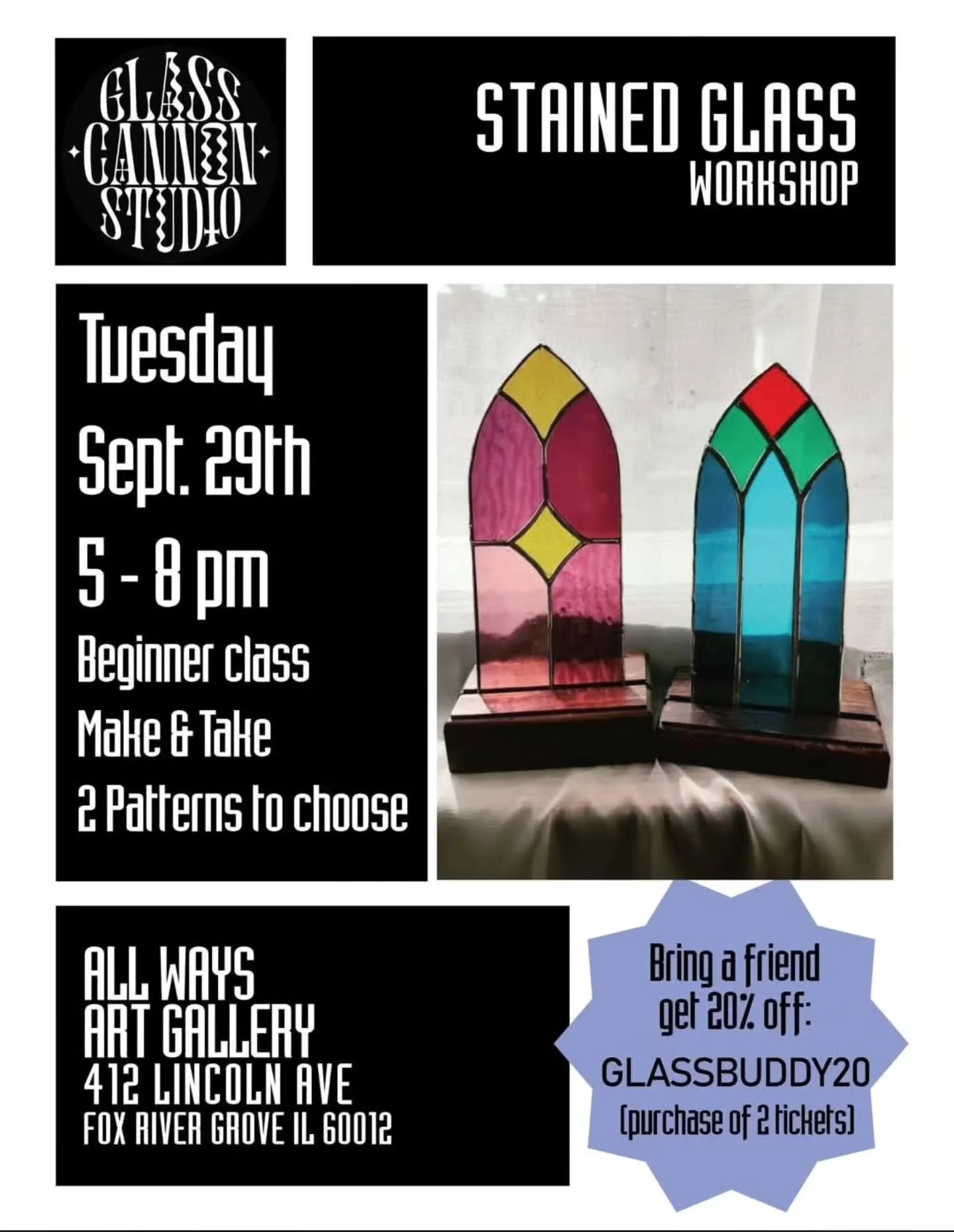 My friends, it is time. I would love for you to join me. 
For September's class I made this fun mini cathedral window that goes on a handmade wooden stand.
Registration is required > link in bio

I will have a variety of colors of clear "cath