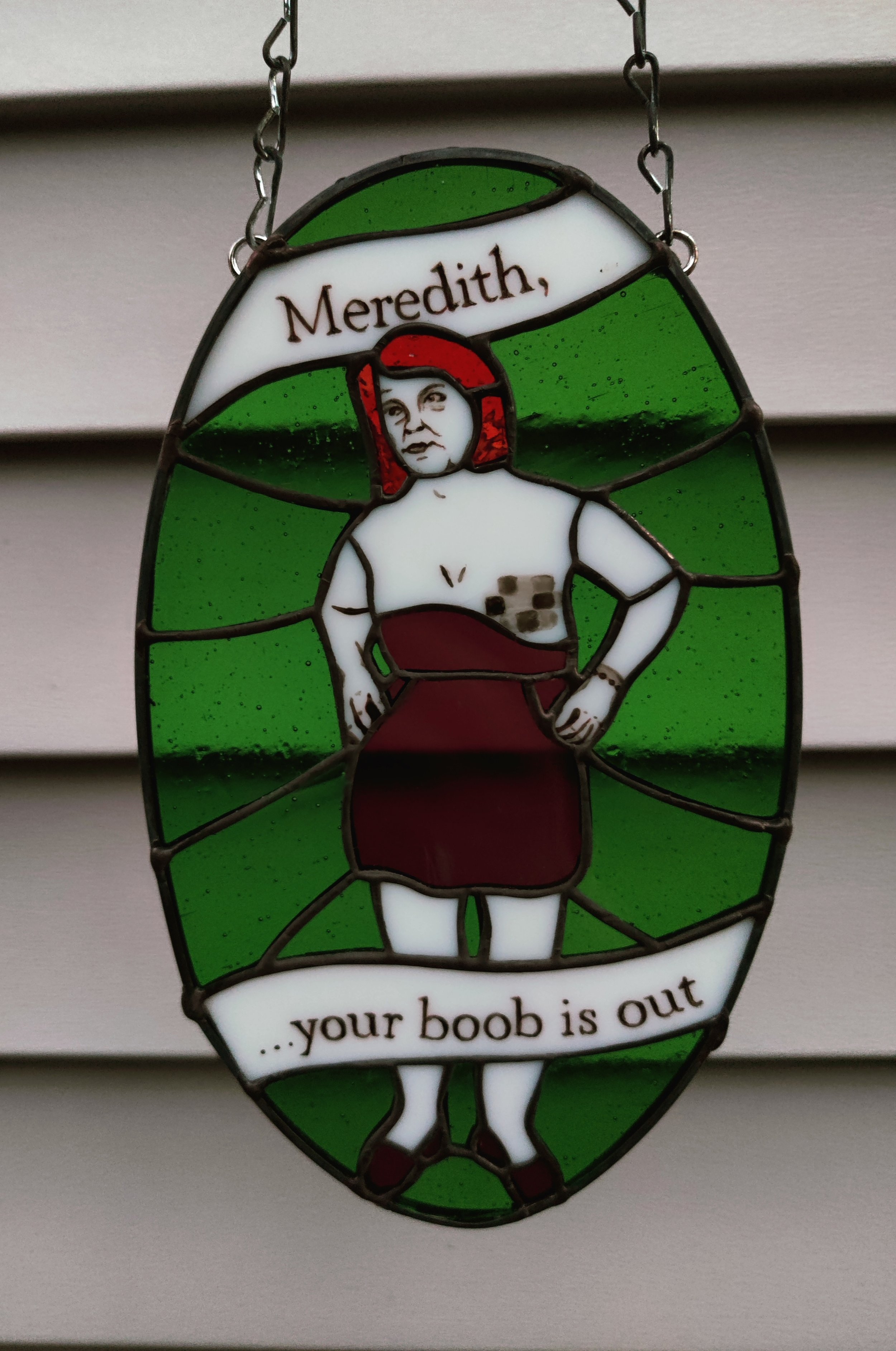 Meredith from the Office stained glass panel, featuring a theme from the "casual day" episode