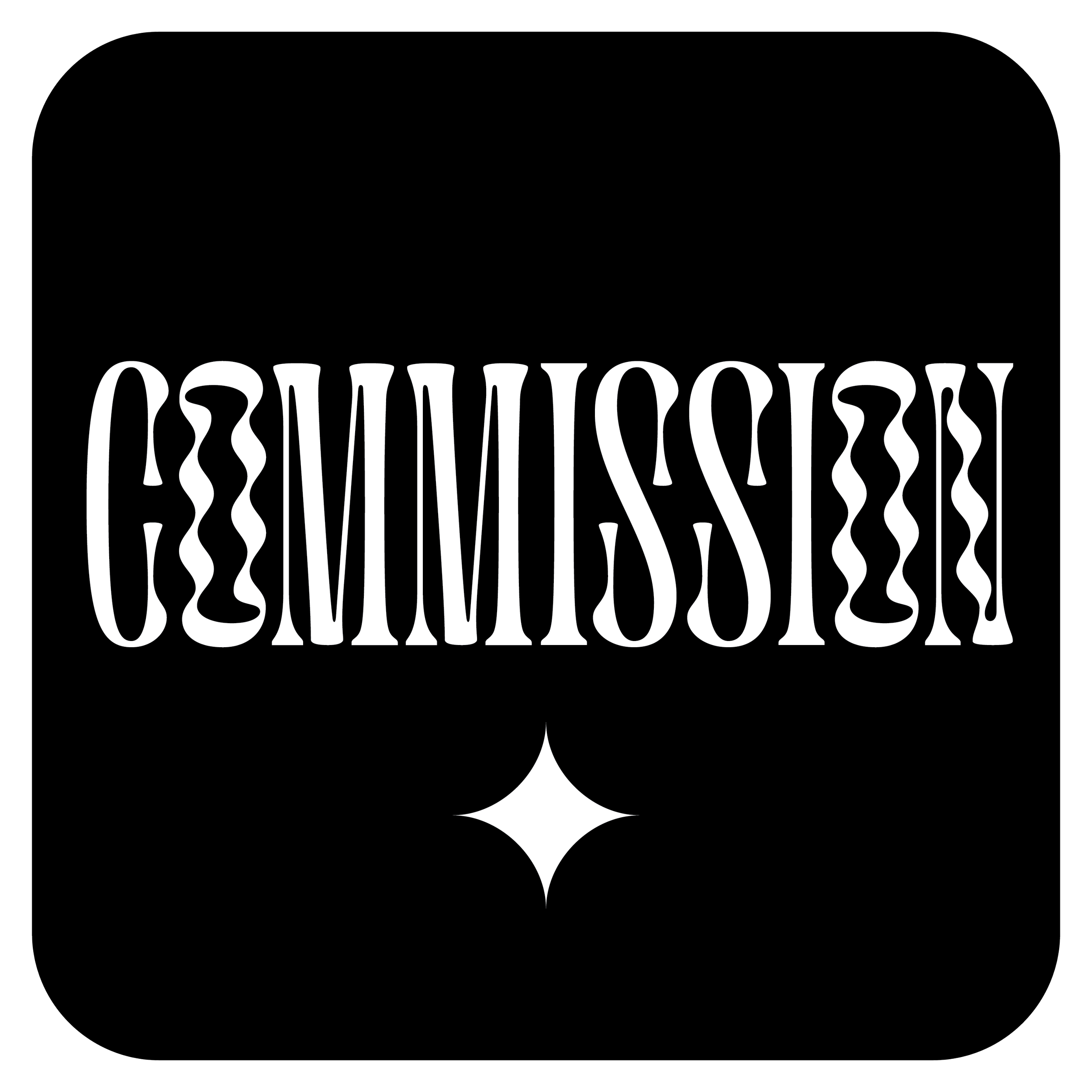 Black logo with white stylized text that reads 'Commission'