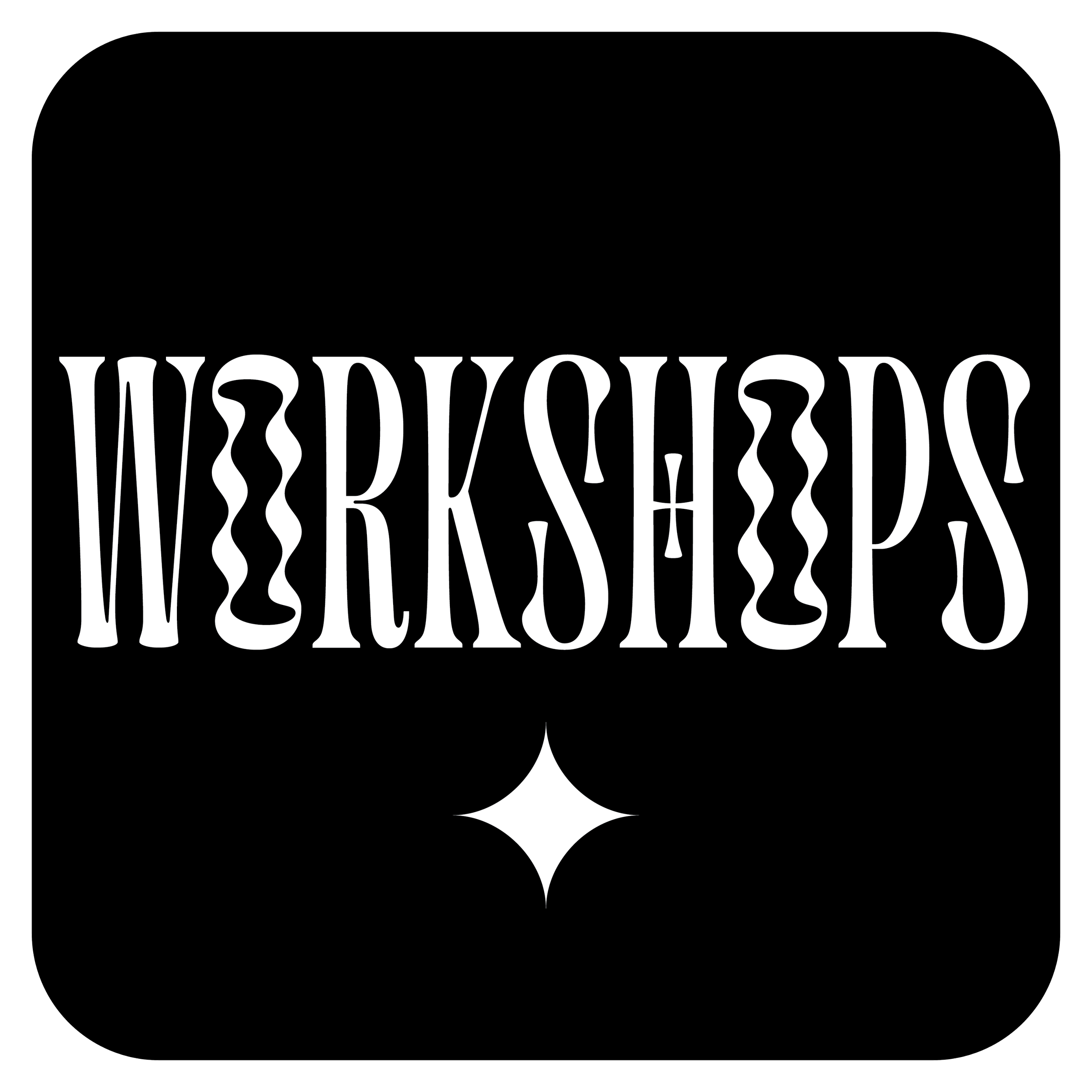 Black background with white stylized text that reads "Workshops"