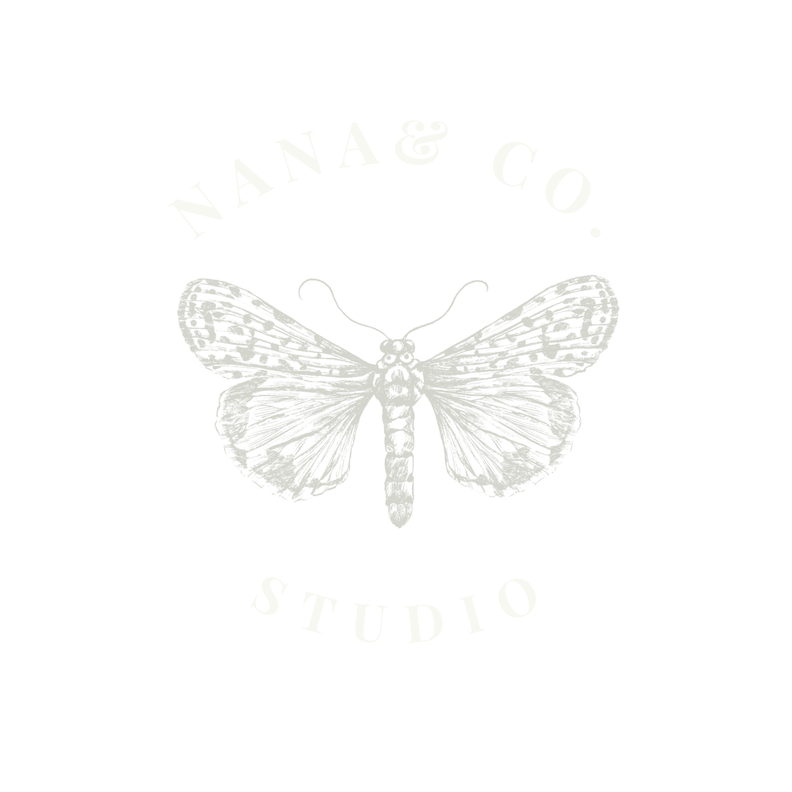 Black logo with a white outline butterfly in the center, the words "NANA & Co." curved above it, and "STUDIO" curved below.