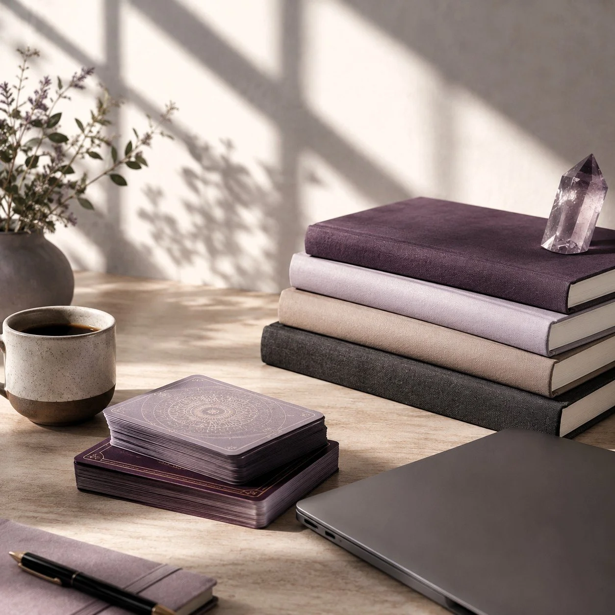 A workspace with a stack of four hardcover books in purple, light gray, beige, and black, a deck of tarot cards, a cup of coffee, a pink notebook, a black and gold pen, a gray laptop, a potted plant, and a purple crystal on top of the books. The scene is illuminated by natural sunlight, casting shadows on the wall.
