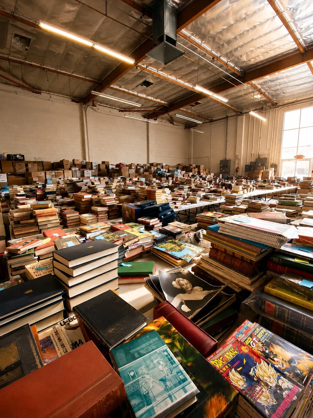 Thousands of donated books awaiting redistribution through Save The Books' book rescue and literacy initiative.