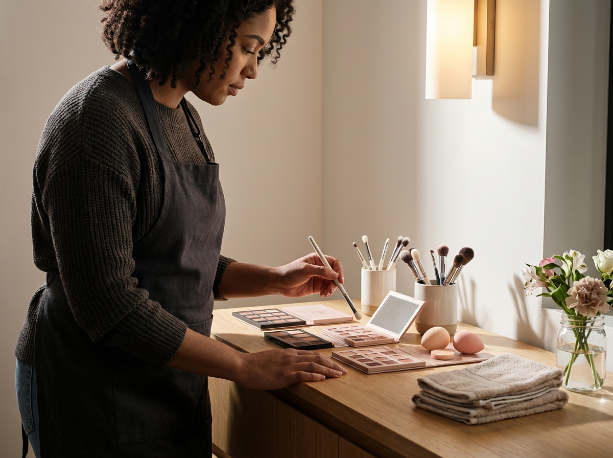 A woman is standing at a wooden table, wearing a dark apron and a brown sweater, working with makeup products. There are eyeshadow palettes, makeup brushes in containers, a mirror, and cloth towels on the table. A vase with flowers is also visible.