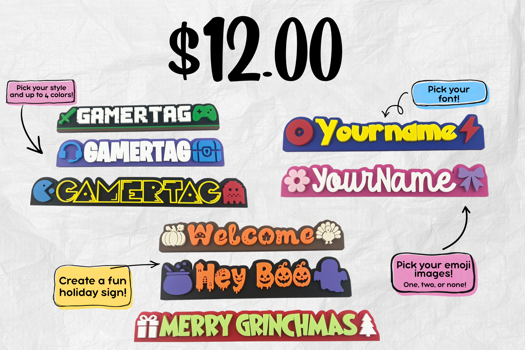 Colorful Halloween and gaming-themed foam signs with various words and phrases, including options for customization and styling.