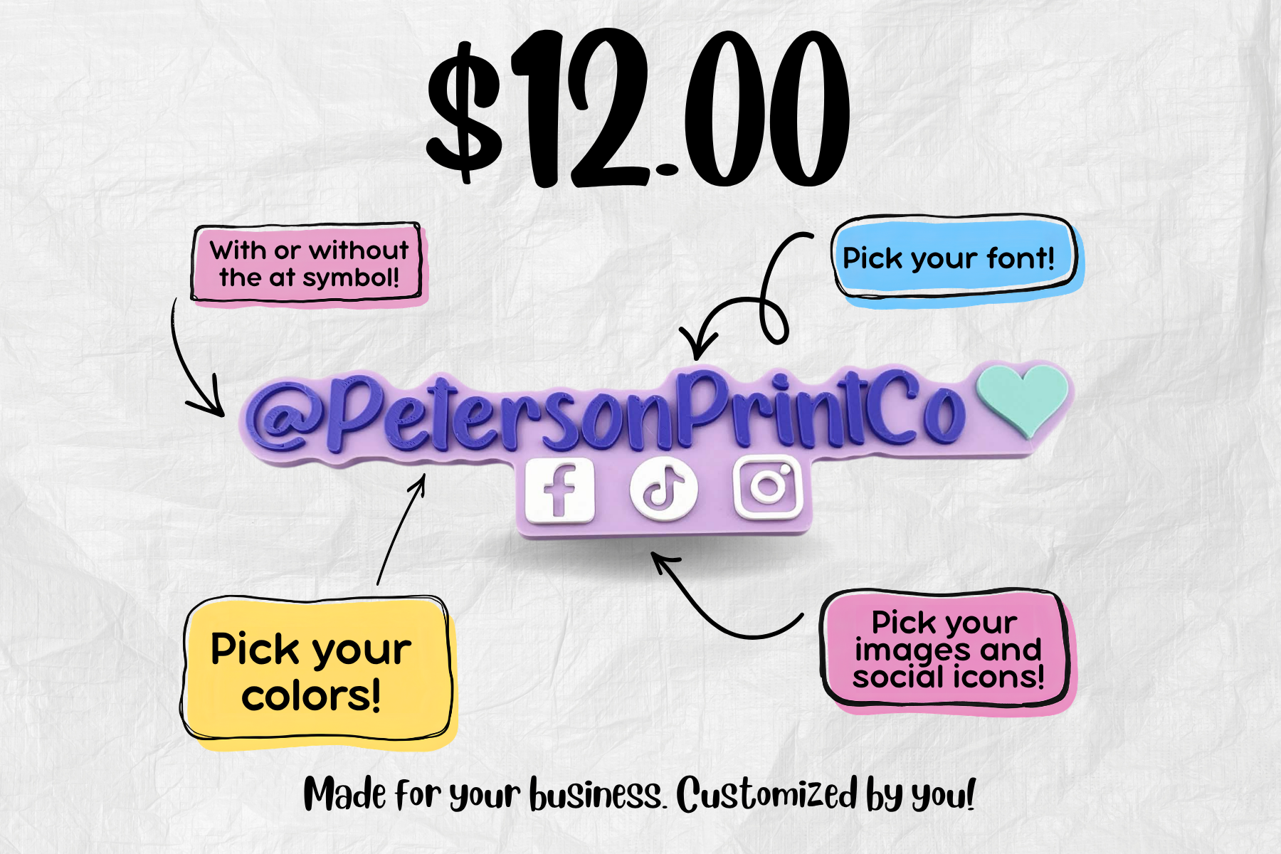 Colorful infographic displaying a price of $12.00 with instructions for customizing social media icons and fonts, including options for colors, fonts, and images, with social media icons for Facebook, TikTok, and Instagram.