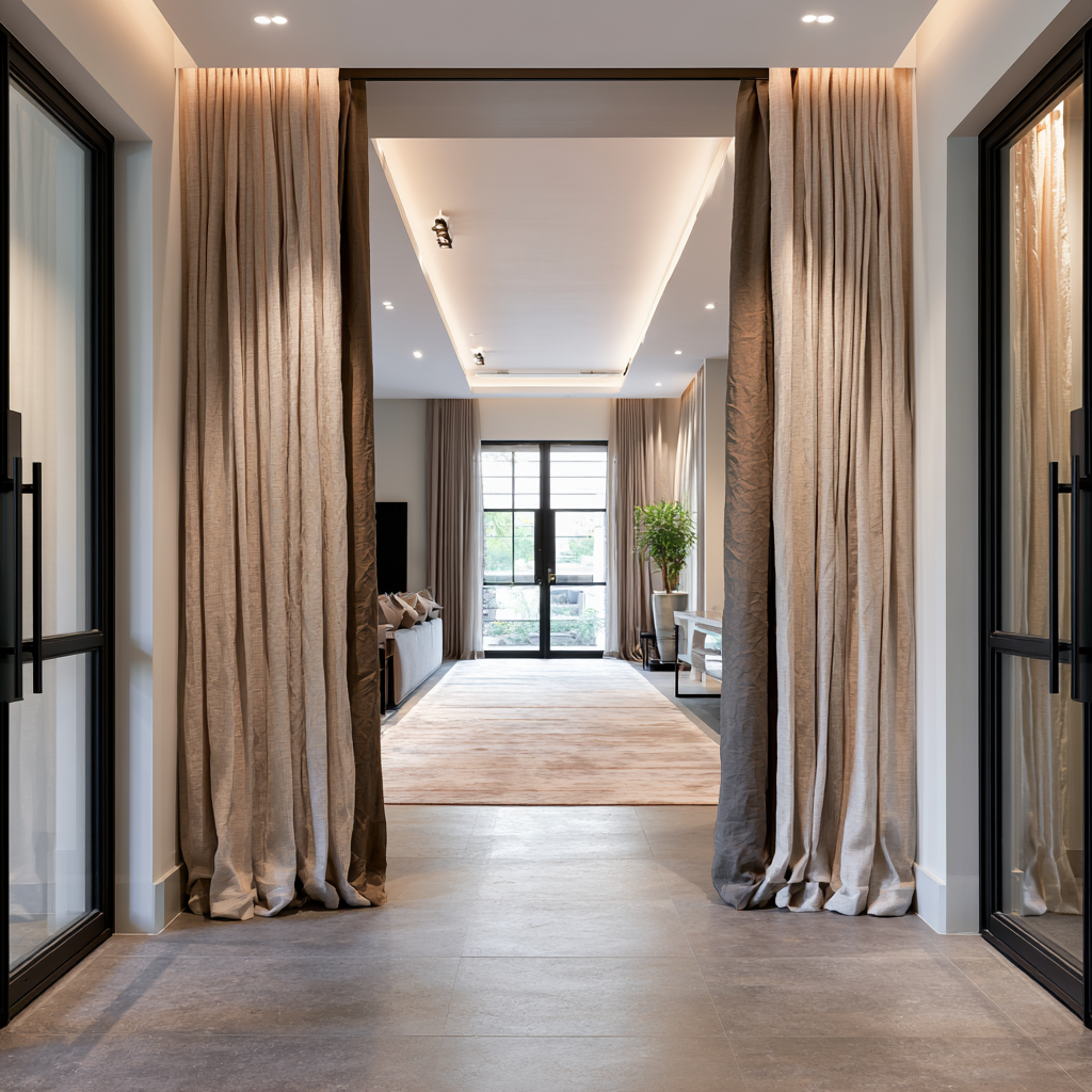 Long cream curtains at doors looking into living room