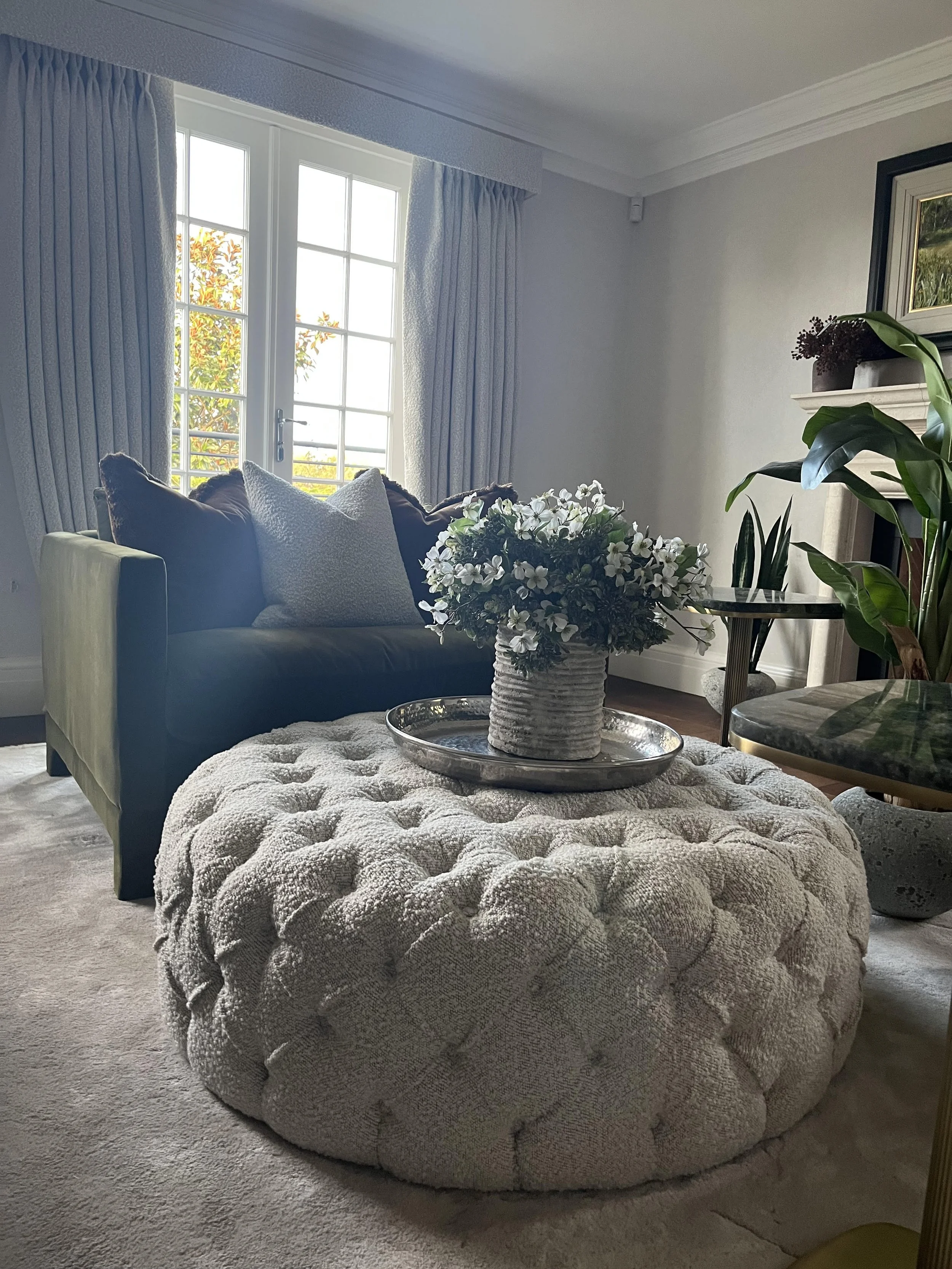 boucle deep button reupholstered large stool