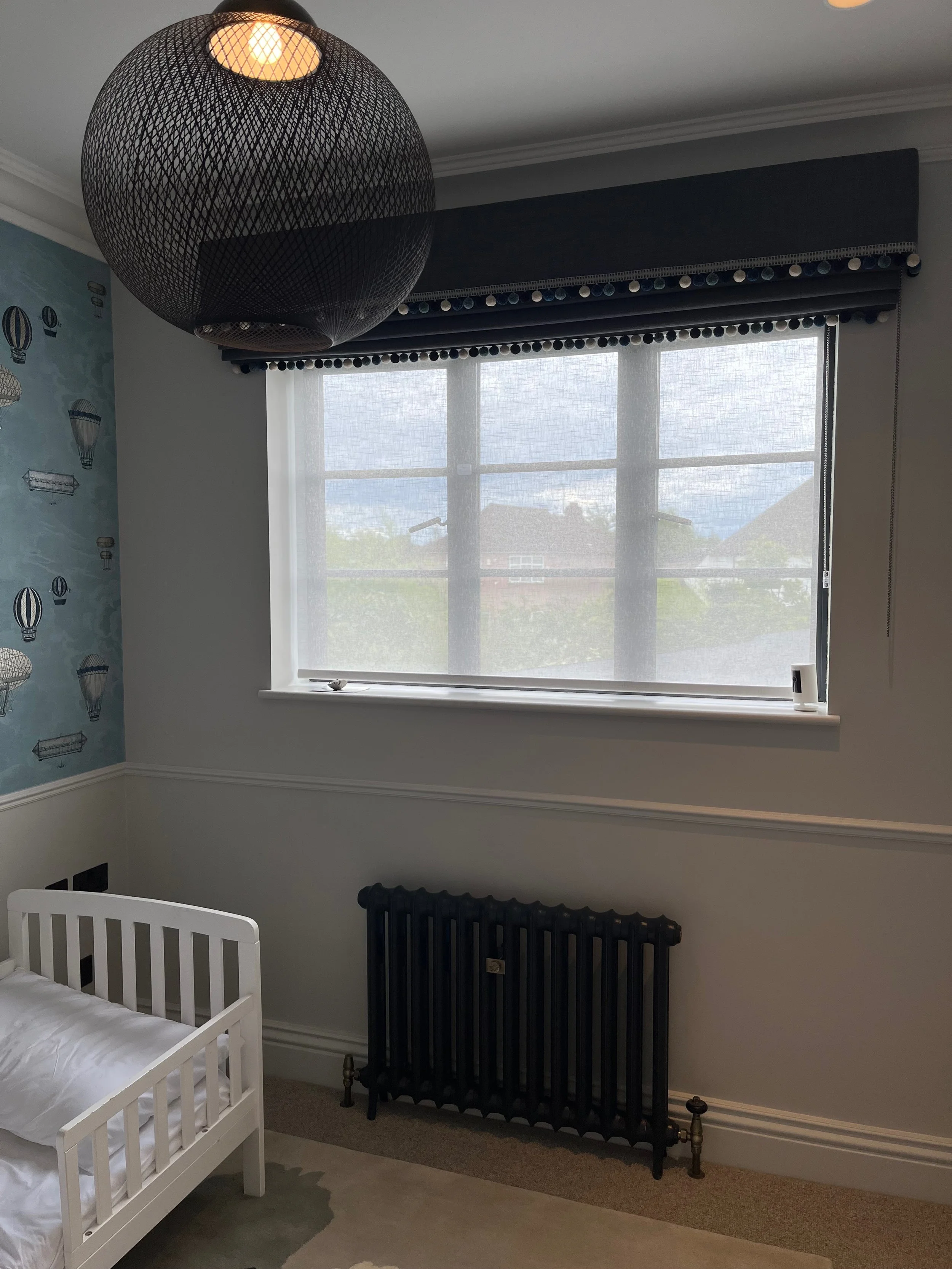 Boys Room Roman Blind and Pelmet with Trim, Voile Roller Blind