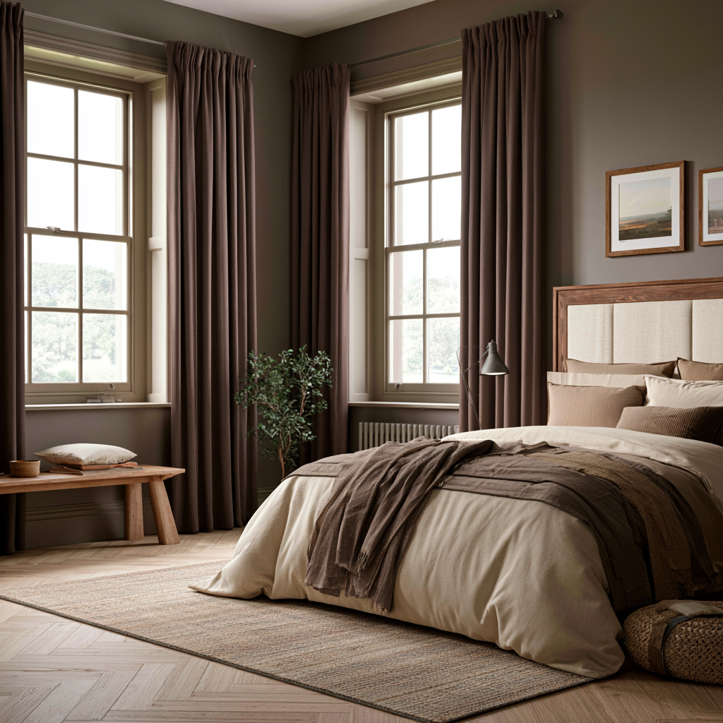 bedroom with chocolate curtains at two windows