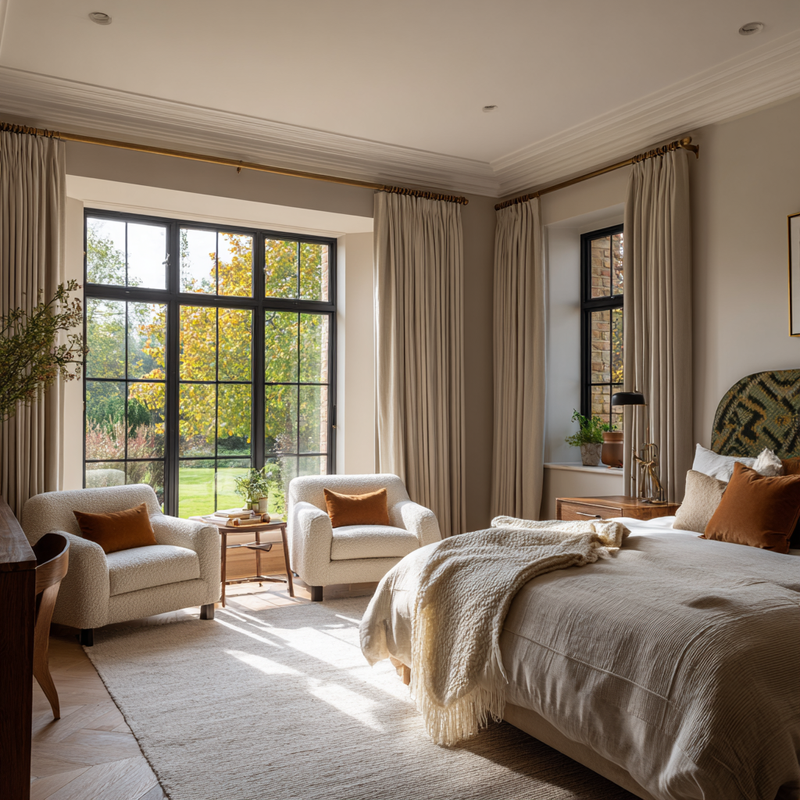 bedroom suite cream curtains and boucle chairs