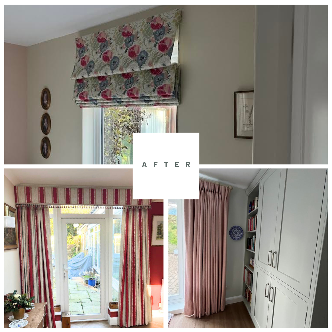 collage of finished curtains and roman blinds