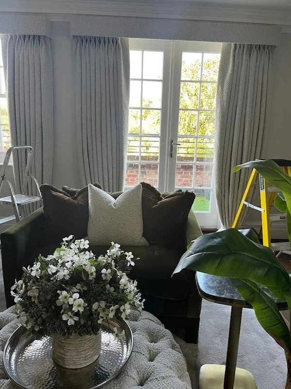 boucle curtains and pelmet with ladder 