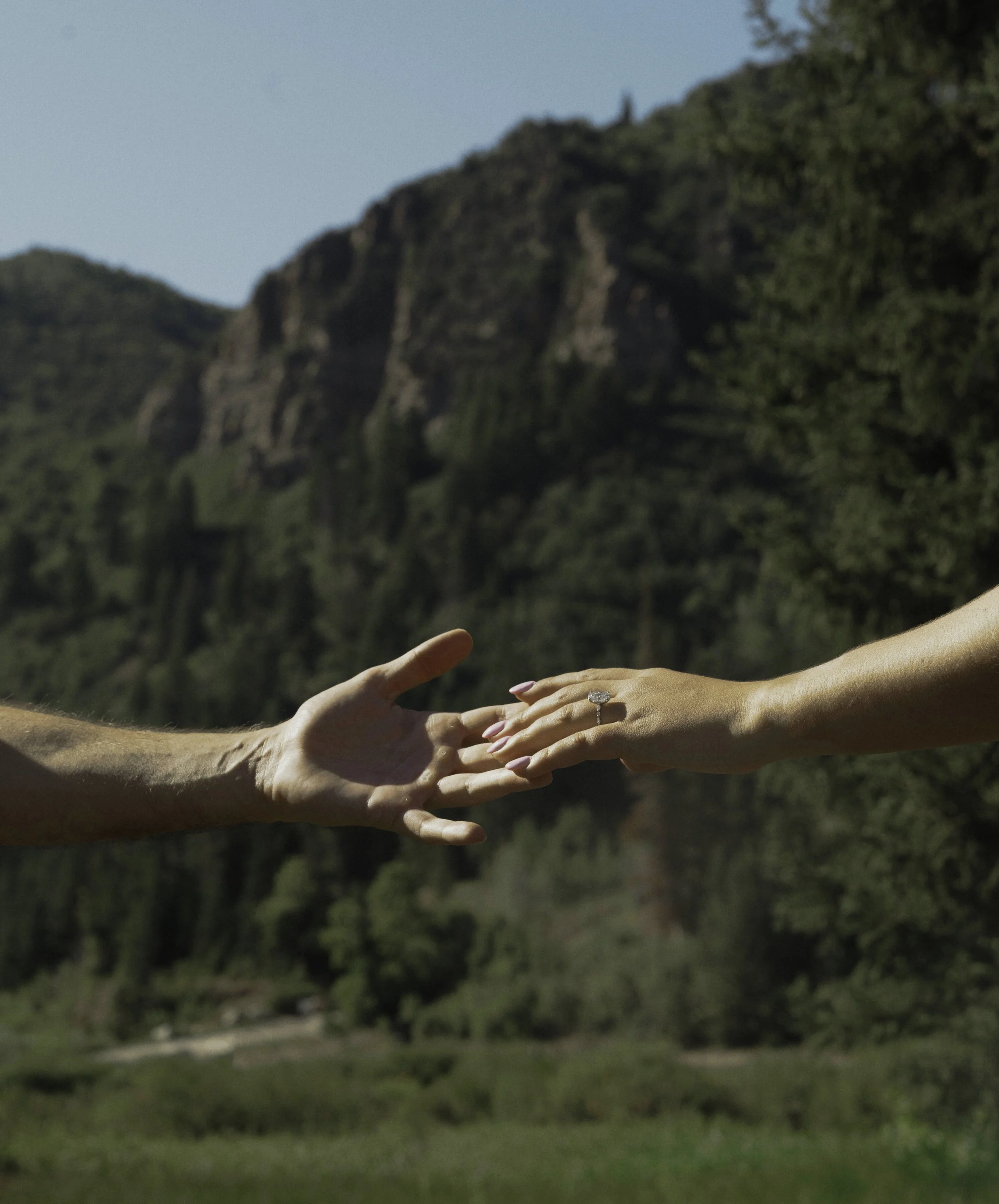 Close-up of two hands reaching towards each other against a blurred background of trees and mountain, with a diamond engagement ring on the woman's finger.