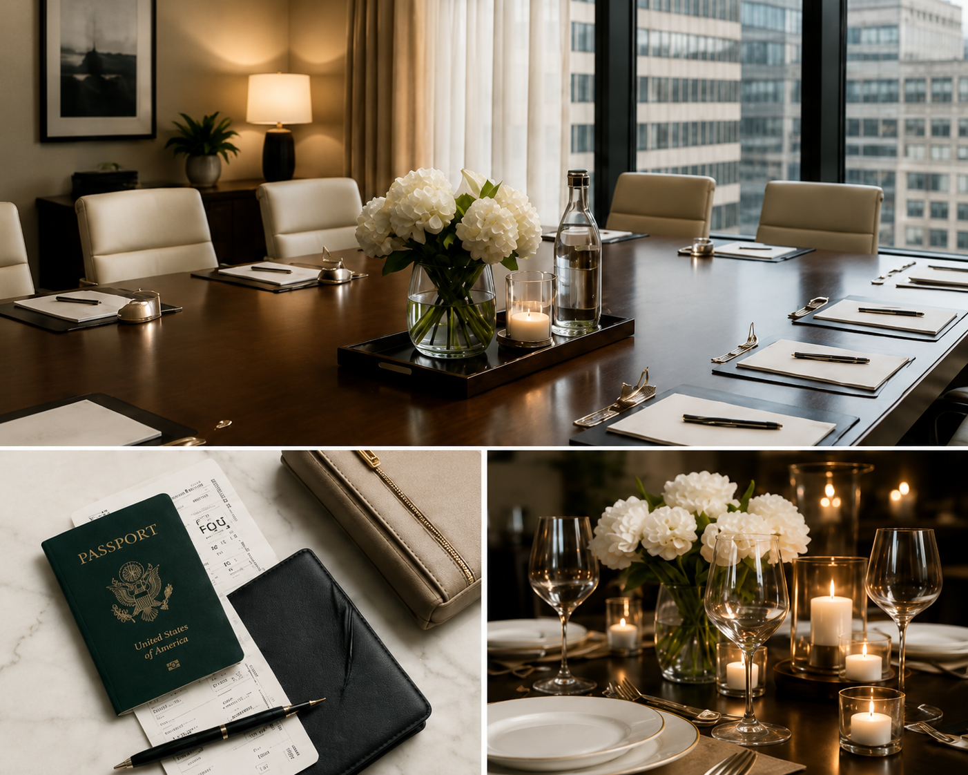 A modern conference room with a large wooden table, cream leather chairs, and cityscape view through floor-to-ceiling windows. The table is decorated with a bouquet of white flowers in a glass vase, surrounded by candles, water bottles, and glasses. There are also close-up images of a U.S. passport, boarding pass, wallet, and a beige cosmetic pouch on a marble surface, as well as a table setting with white flowers, lit candles, wine glasses, and place settings.