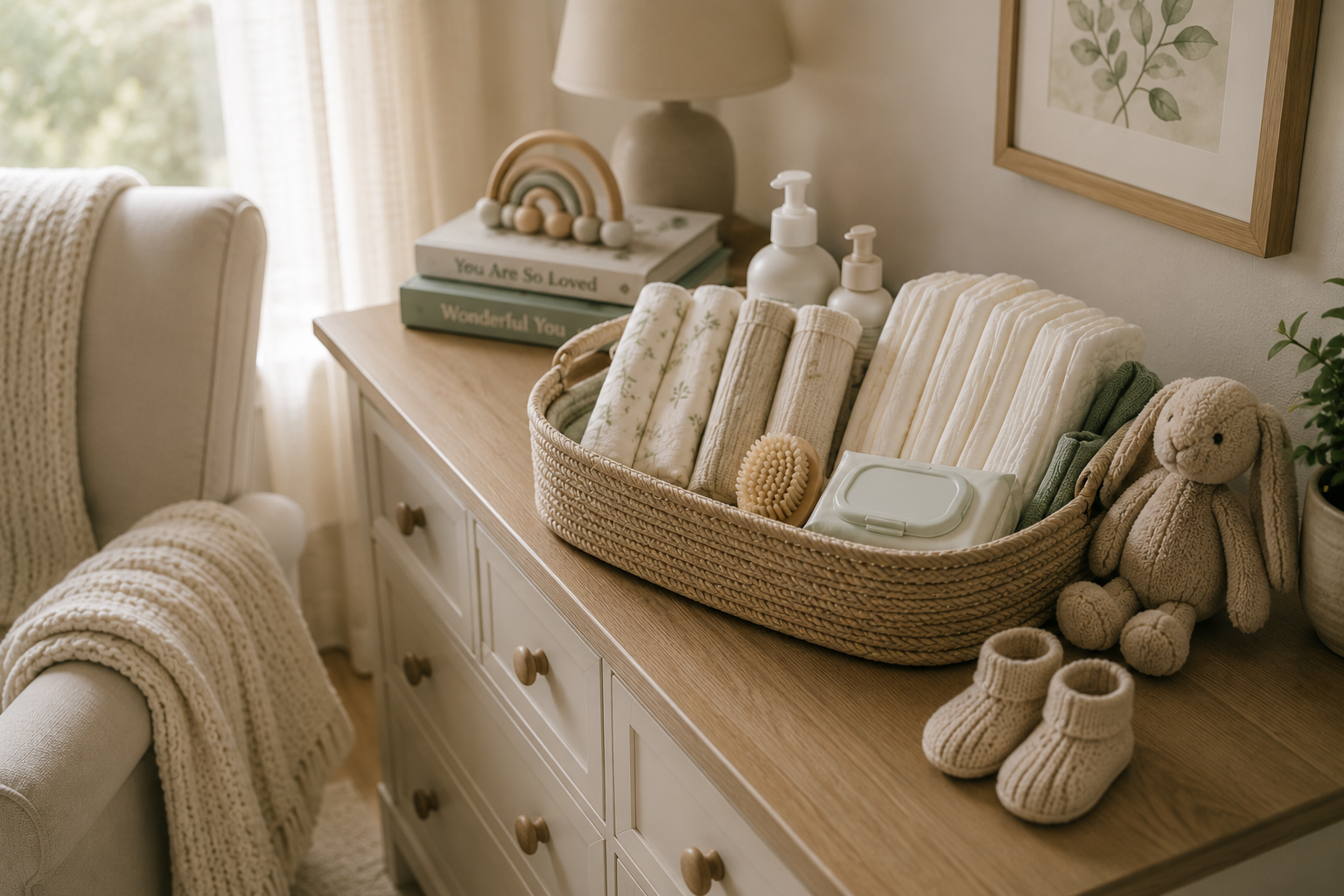 Baby changing station on a wooden dresser with cloth diapers, plush bunny toy, baby lotion, and baby wipes. Decor includes books, a lamp, and framed art.