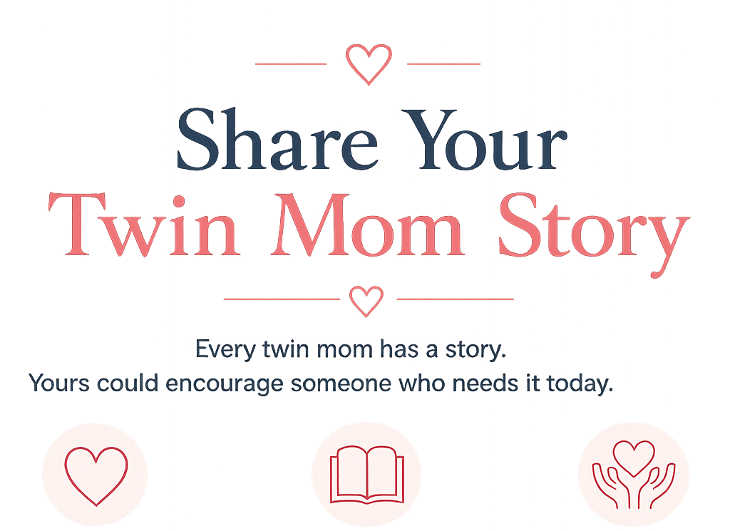 Decorative graphic encouraging sharing a personal story about a twin mom, featuring text, hearts, an open book icon, and hands holding a heart icon.