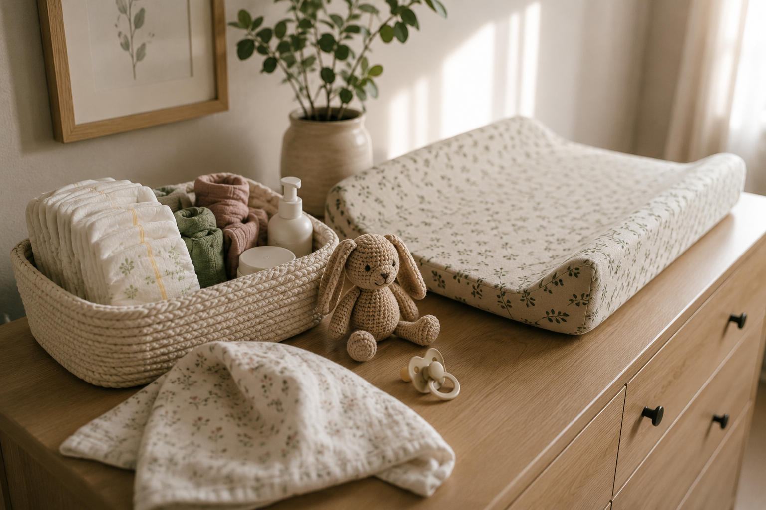 A wooden changing table with a changing pad, a basket of diapers, baby wipes, lotions, a stuffed bunny toy, a pacifier, and cloths, in a softly lit room with a potted plant and framed artwork on the wall.